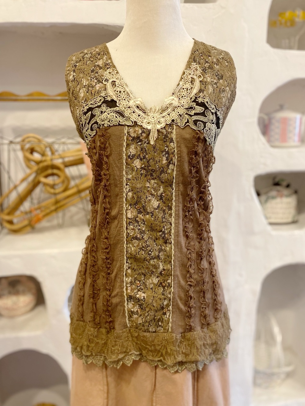 Forest Fairy Core Lace Khaki Green Floral Embellished Tank Top